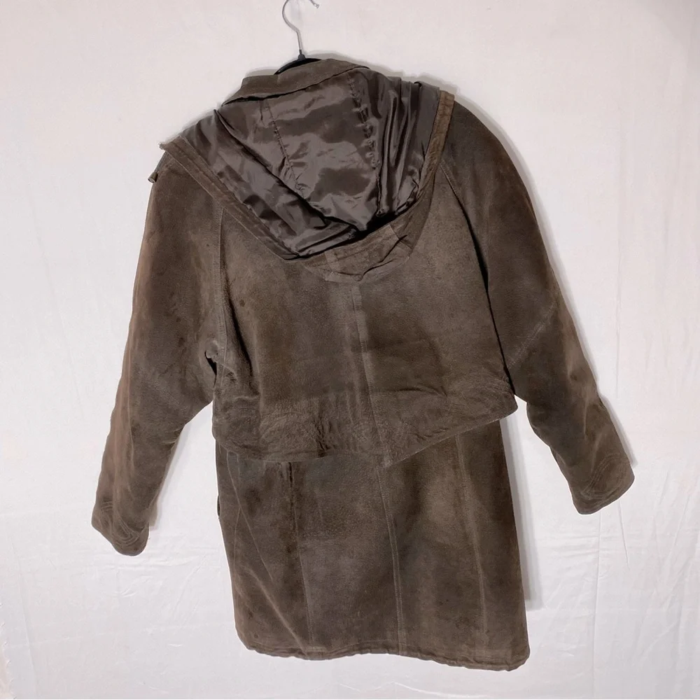 Vintage 90s Outlook Brown Suede Leather Coat With Drawstring Waist M - Picture 2 of 16